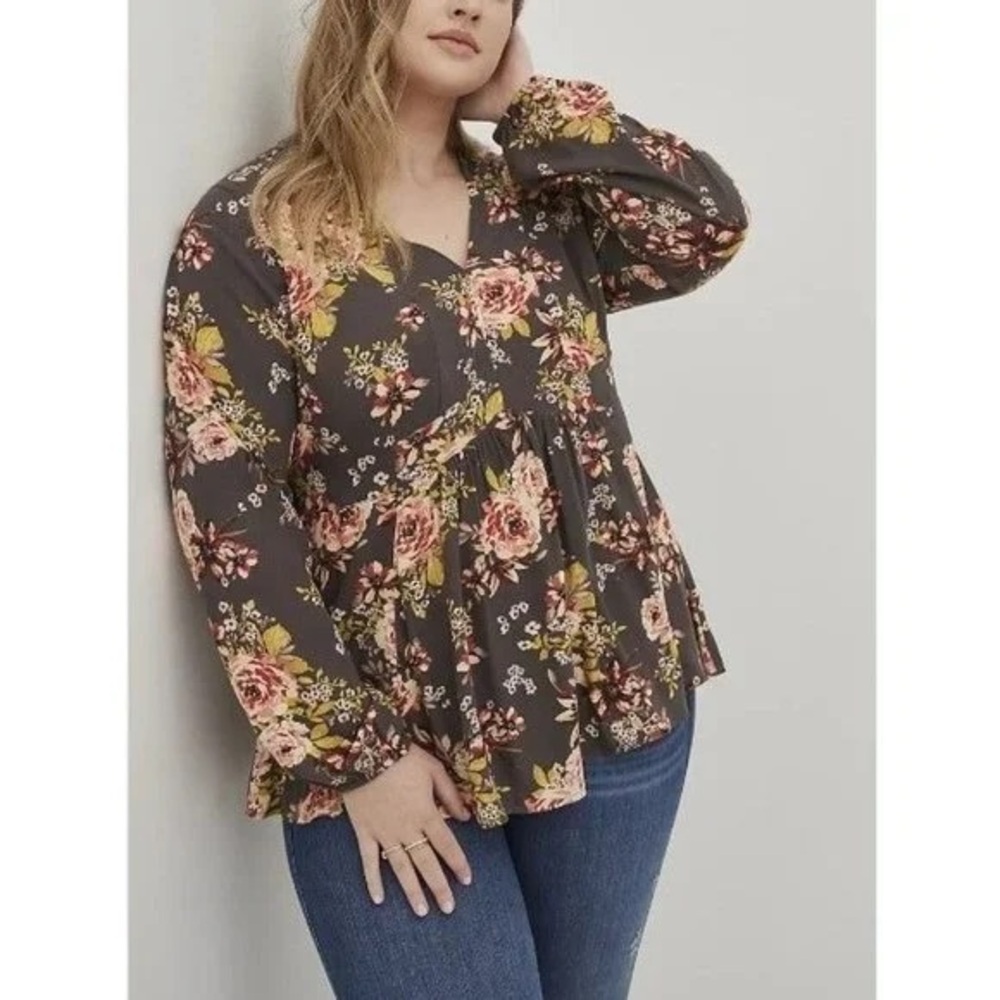 Torrid Dark Floral Babydoll V Neck Brown Long Sleeve Flowy Blouse Top Size 5XL